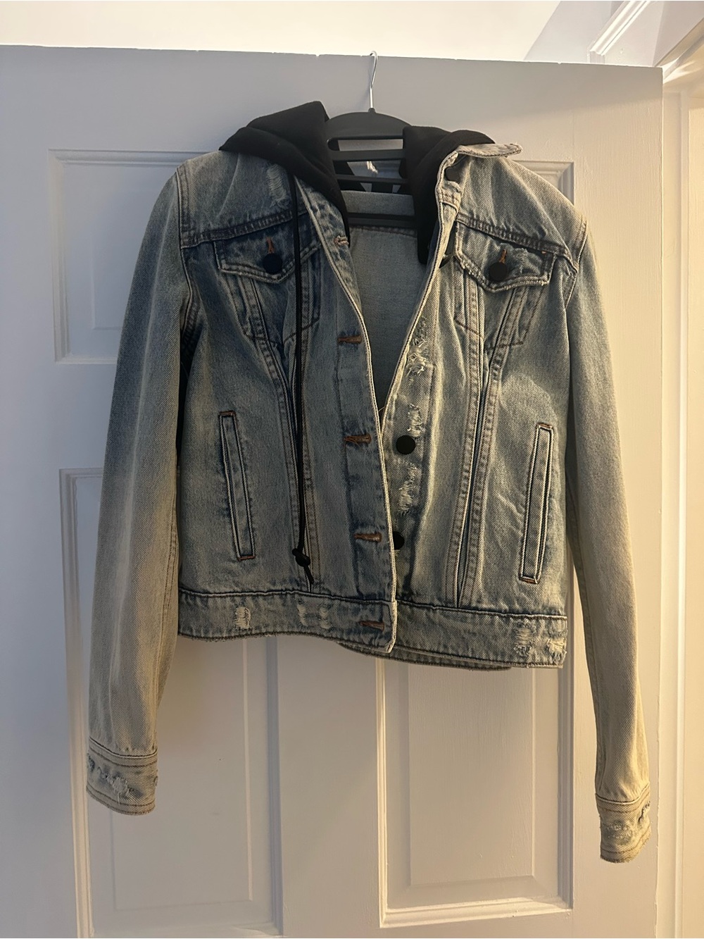 Blank NYC Light Blue Denim Jacket with Black Hoodie Insert
